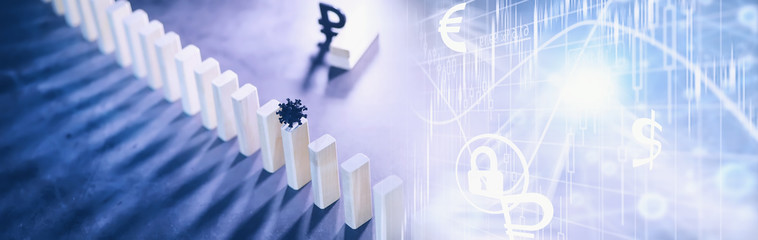 Business concept. The depreciation of the currency of Russia. Symbol of the ruble. Inflation and stagnation. Abstract falling columns symbolizing the economy of country.