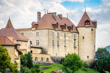 Scenic exterior view of Gruyeres castle in La Gruyere Switzerland