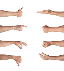 Set of Caucasian man hands showing symbols and gestures isolated on white. Collage