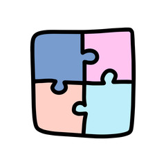 Vector illustration in the Doodle style. Multi-colored puzzle consisting of four pieces. Symbol for working together on a project. Teamwork. Icon for the game. Working on projects in a group.