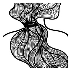 Illustration in line art style. Silhouette of a girl on the shoulders back view. Hair pulled back in a ponytail. Image of hair in ink. Can be used as a poster or logo for a hair salon .Vector 