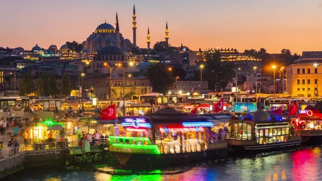 Day to night Time-lapse of Istanbul city view from Galata Bridge, Turkey