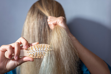 blonde combs dry hair with a wooden comb. On a gray background. concept of dry female blonde hair....