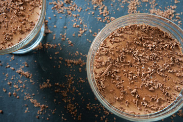 Chocolate mousse in portion glasses 