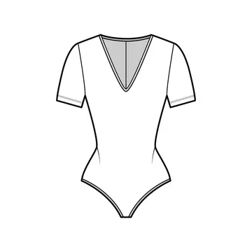 Vetor do Stock: Round neck bodysuit fashion flat technical drawing  template. swimsuit technical fashion Illustration, front view, back view,  isolated in white, CAD mockup.