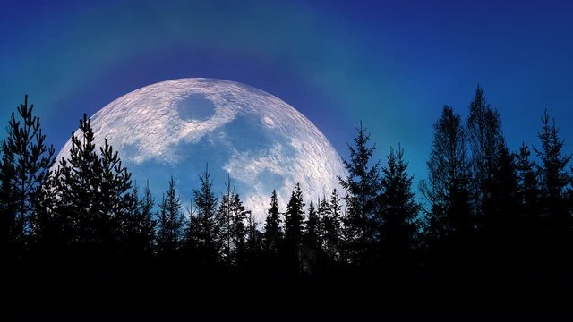 Giant moon with colorful halo rising over a forest silhouette.