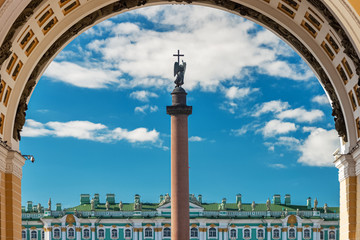Alexander column with angel against the blue sky in St. Petersburg