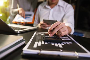 Business team partnership meeting concept. Business hand using laptop, tablet and smartphone  in office. Digital marketing media