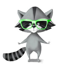Funny raccoon in sunglasses isolated on white background. Cartoon character raccoon. Print for home décor