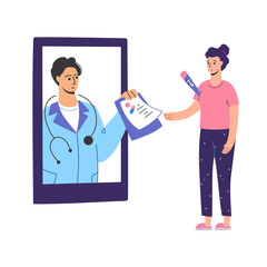 Virtual doctor. Get sick leave online using your smartphone. Self-isolation, quarantine, pandemic. Mobile consultation, smart medical assistance. Modern telemedicine, cartoon character, Vector