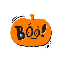 Scared pumpkin character with boo lettering inside the orange silhouette. Halloween postcard concept. Flat vector illustration isolated on white background. Minimalist hand-drawn art. 