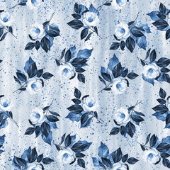 Blue seamless floral pattern with roses and glitter