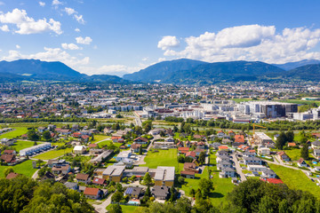 Villach in Carinthia. Aerial panoramic view to the small famous town in the South of Austria during summer.