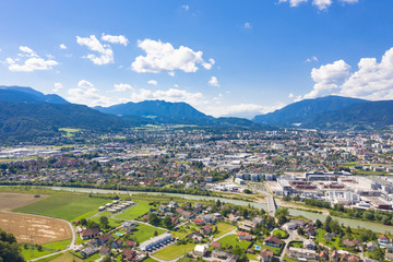 Villach and Drava river in Carinthia, panorama view. Small town in the South of Austria, Europe.