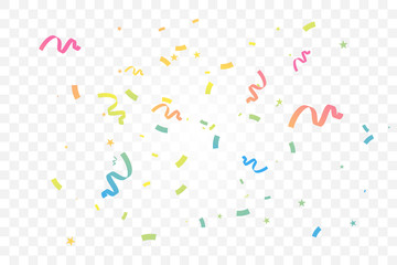 Colorful Confetti And Ribbon Falling On Transparent Background. Celebration & Party. Vector Illustration