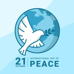 international day of peace - white bird dove flying and  hold leaf sign on circle globe world vector banner  design