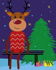 New Year card. A deer sits on a bench against the background of the night sky, a Christmas tree and gifts. Vector.
