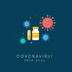 Set of Coronavirus 2019-nCoV and medicine in dark blue background. COVID-19 Corona virus outbreaking and Pandemic medical health risk concept. Corona virus icon. Flat style. Vector illustration eps 10