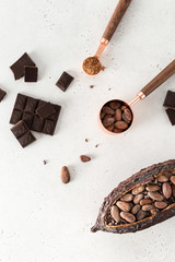 Cocoa beans and cocoa pod with cocoa powder on a white concrete background. Top view, flat lay. Organic food, natural chocolate.