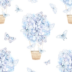Materiał do szycia Watercolor pattern with blue aerostat balloon flowers and butterfly. Watercolor hydrangea. Floral print on white background. Hand drawn illustration