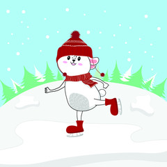 Winter of funny rabbit on ice skates.cute bunny greeting card .