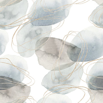 Fototapeta Abstract nordic print with geometric shapes and golden elements on white background. Watercolor seamless pattern. Hand drawn marble illustration. Mixed media art