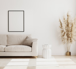 Empty Poster frame mock up  in modern living room interior background in biege colours, sofa with coffee table and dried flowers on wooden floor, scandinavian style, 3d rendering