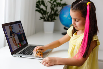 Cheerful young little girl with a pet hamster using laptop computer studying through online e-learning system at home. Distance or remote learning