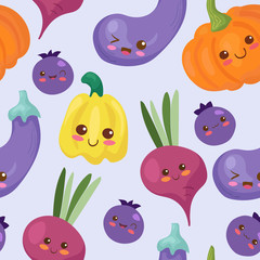 Bright vegetables cartoon characters. Vector kawaii fruits illustration in cute cartoon style designed in seamless pattern. Adorable menu elements, fabric print. Beetroot, pepper, eggplant, pumpkin.