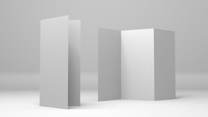 A4 blank paper trifold 3d rendering on grey background. Lifleat 3d illustration for mock up