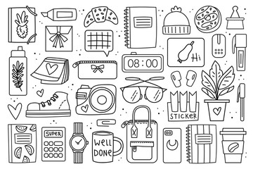 Back to school big clip art, set of elements, stickers. Office stuff, stationery. Notebook, glasses, bag, pen, marker, plant, lap top, clock, coffee, accessory, device, decor. Black doodle design.