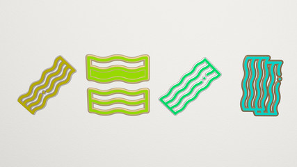 bacon 4 icons set, 3D illustration for background and cheese