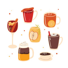 Set of autumn spice hot drinks. Hand drawn collection.