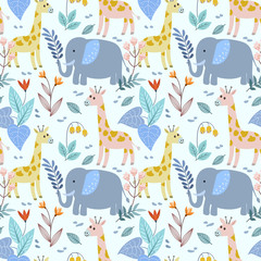 Elephant and giraffe in flowers garden seamless pattern.
