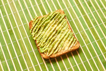 Toast with avocado on a green background.
