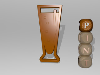 pint 3D icon beside the vertical text of individual letters, 3D illustration for beer and glass