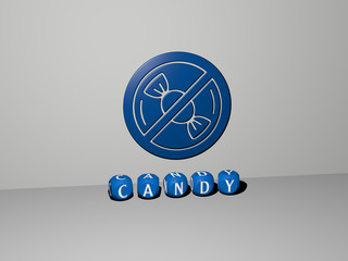 candy 3D icon on the wall and text of cubic alphabets on the floor, 3D illustration for background and chocolate