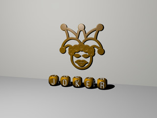 JOKER 3D icon on the wall and text of cubic alphabets on the floor, 3D illustration for clown and cartoon