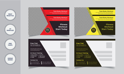 Modern gym postcard design, corporate postcard design, vector illustration standard postcard .