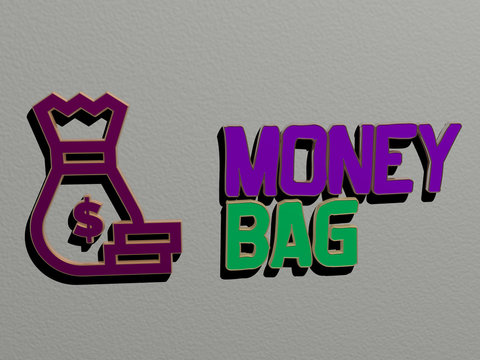 3D graphical image of money bag vertically along with text built by metallic cubic letters from the top perspective, excellent for the concept presentation and slideshows for illustration and