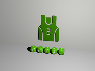 3D illustration of SHIRT graphics and text made by metallic dice letters for the related meanings of the concept and presentations for background and white