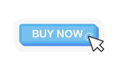 BUY NOW blue 3D button with mouse pointer clicking. White background. Vector illustration.