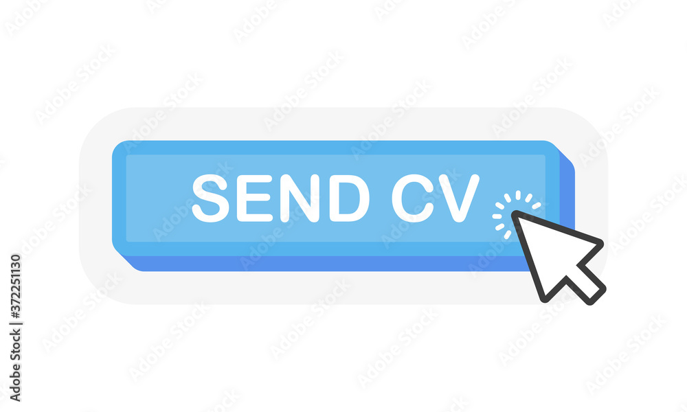 Poster send cv blue 3d button with mouse pointer clicking. white background. vector illustration.
