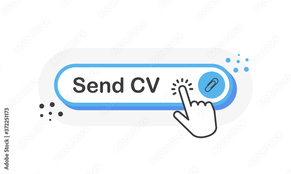 Poster send cv blue 3d button with mouse pointer clicking. white background. vector illustration.