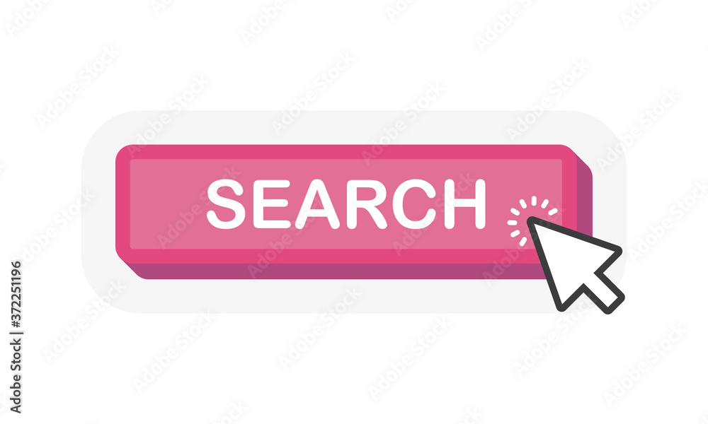 Poster search red 3d button with mouse pointer clicking. white background. vector illustration.
