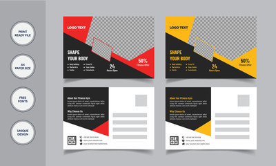 Modern gym postcard design, corporate postcard design, vector illustration standard postcard .