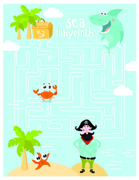 Labyrinths. Find the treasure. The pirate is looking for a treasure. A game for children.