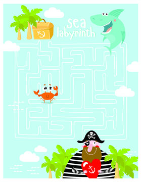 Labyrinths. Find the treasure. The pirate is looking for a treasure. A game for children.