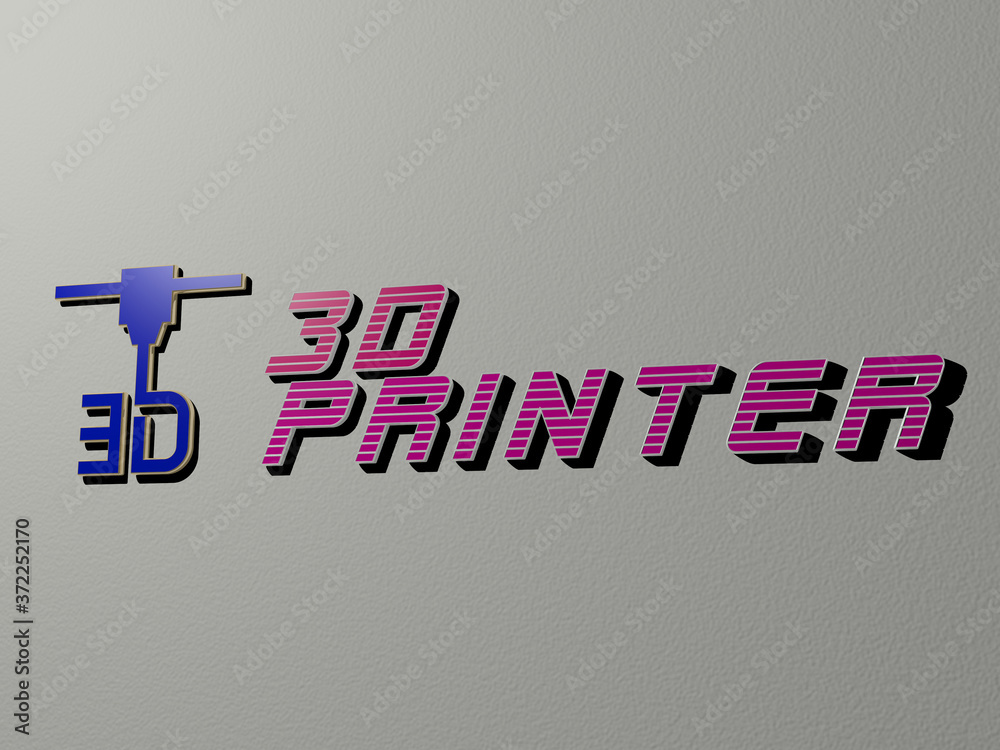Fototapete 3d illustration of 3d printer graphics and text made by metallic dice letters for the related meanin