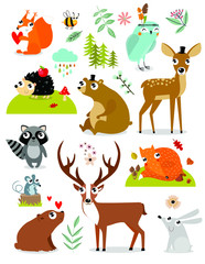 Vector forest animals collection including deer, bear, squirrel, fox, hedgehog, fawn, hare, raccoon, mouse, owl, bee. autumn forest. Cartoon animals. Cartoon characters.
